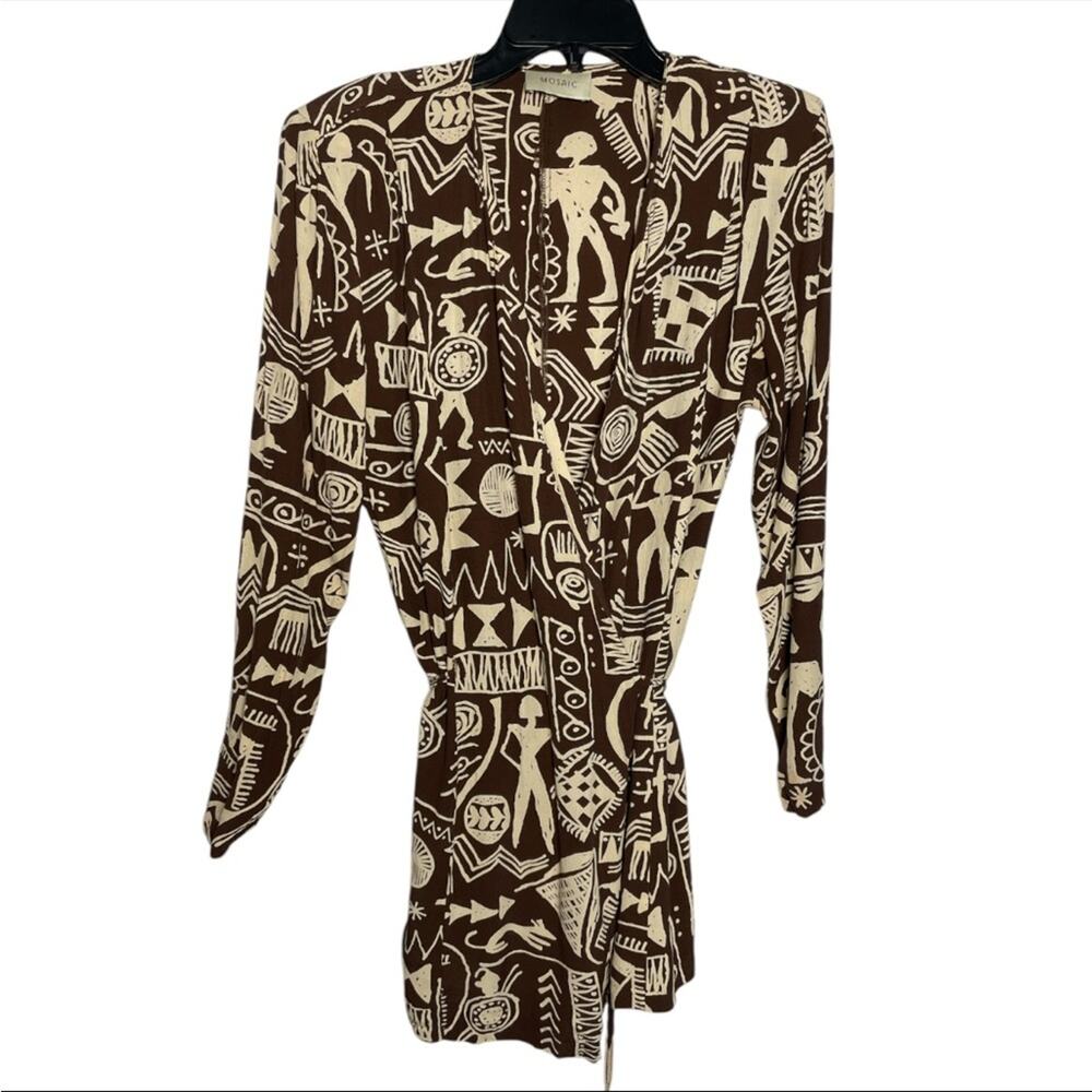 Vintage 90s Mosaic Womens Medium Brown Rayon Tribal Cave Art Print Wrap Top USA